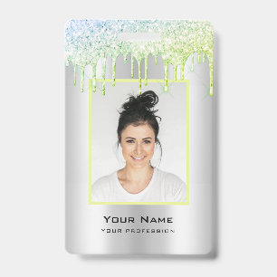Custom Employee Glitter Drips Green Silver Name Badge