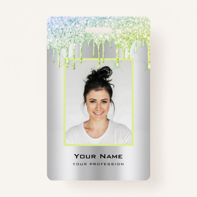 Custom Employee Glitter Drips Green Silver Name Badge (Front)