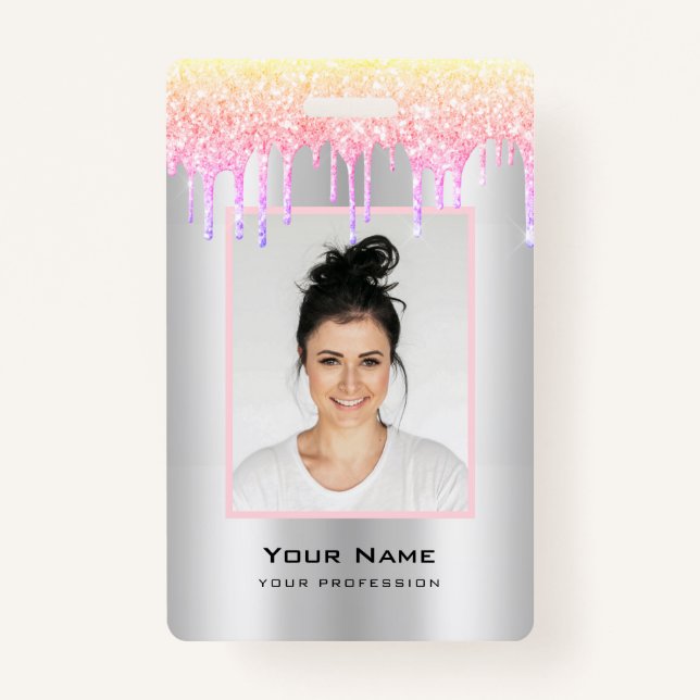 Custom Employee Glitter Drips Pastel Colors Name Badge (Front)