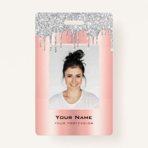 Custom Employee Glitter Drips Pink Silver Name Badge