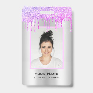 Custom Employee Glitter Drips Purple Silver Name Badge