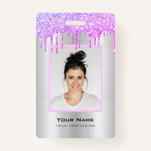 Custom Employee Glitter Drips Purple Silver Name Badge