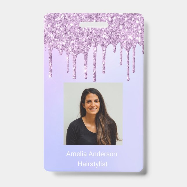 Custom Employee Glitter Drips Purple violet name Badge (Front)