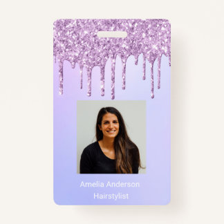 Custom Employee Glitter Drips Purple violet name Badge
