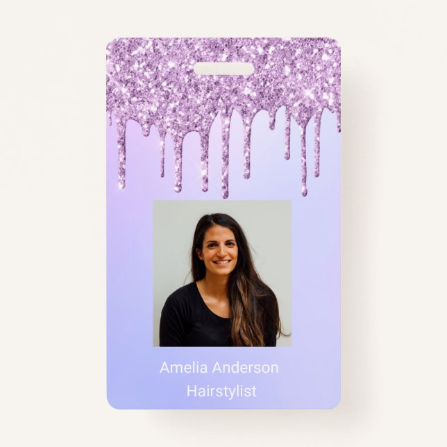 Custom Employee Glitter Drips Purple violet name Badge (Front)