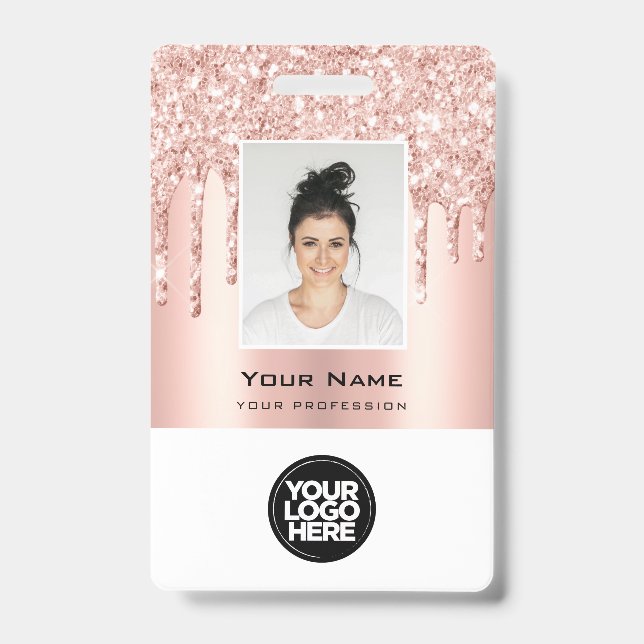 Custom Employee Glitter Drips Rose Gold Name Badge (Front)