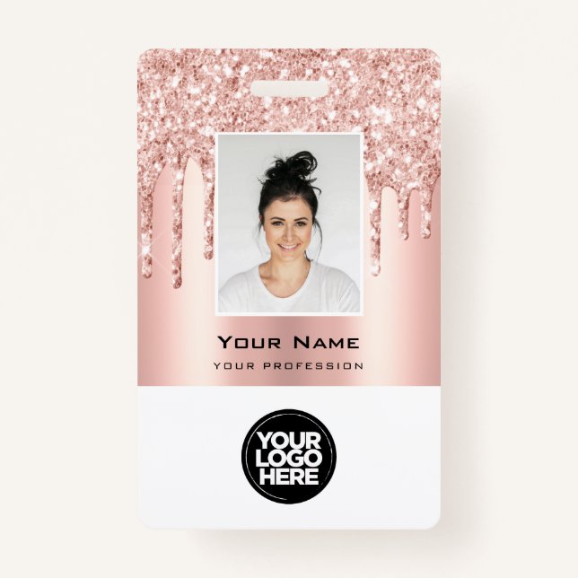 Custom Employee Glitter Drips Rose Gold Name Badge (Front)