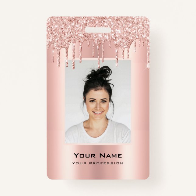 Custom Employee Glitter Drips Rose Gold Name Badge (Front)