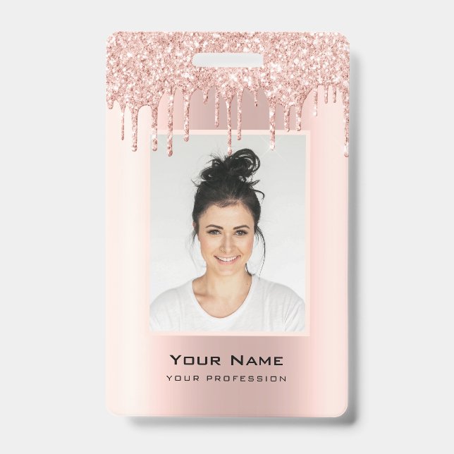 Custom Employee Glitter Drips Rose Gold Name Badge (Front)