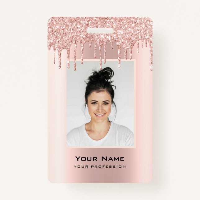 Custom Employee Glitter Drips Rose Gold Name Badge (Front)