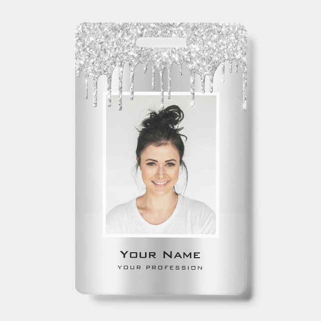 Custom Employee Glitter Drips Silver Grey Name Badge (Front)