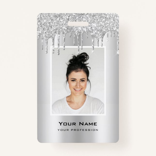 Custom Employee Glitter Drips Silver Grey Name Badge (Front)