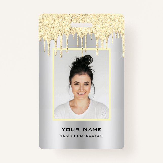 Custom Employee Glitter Drips Yellow Grey Name Badge