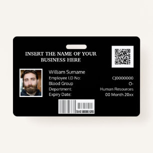 CUSTOM employee ID card barcode photo logo black Badge