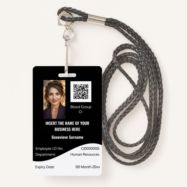 CUSTOM employee ID card editable black white Badge (Front with Lanyard)