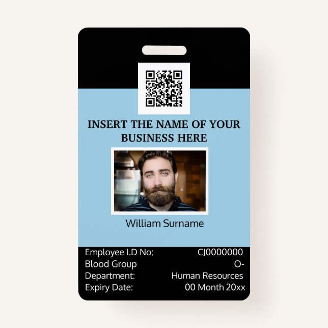 CUSTOM employee ID card template dual sided blue Badge (Front)