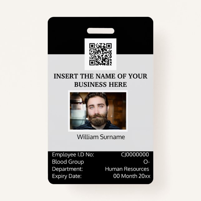 CUSTOM employee ID card template dual sided grey Badge (Front)
