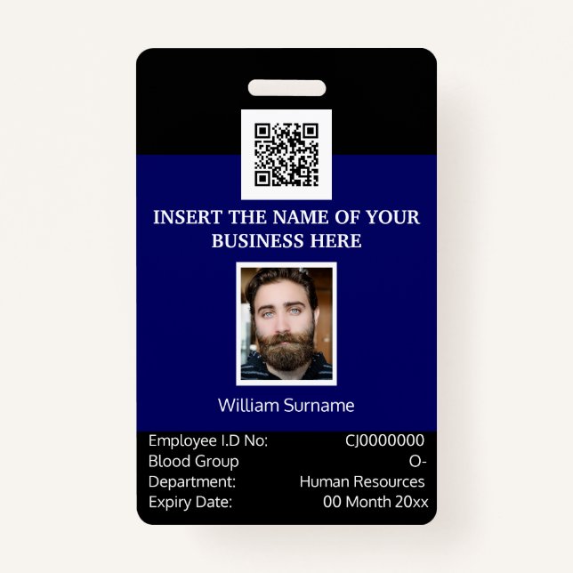 CUSTOM employee ID card vertical dual sided navy Badge (Front)