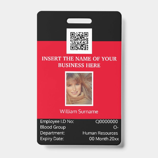 CUSTOM employee ID card vertical dual sided red Badge (Front)