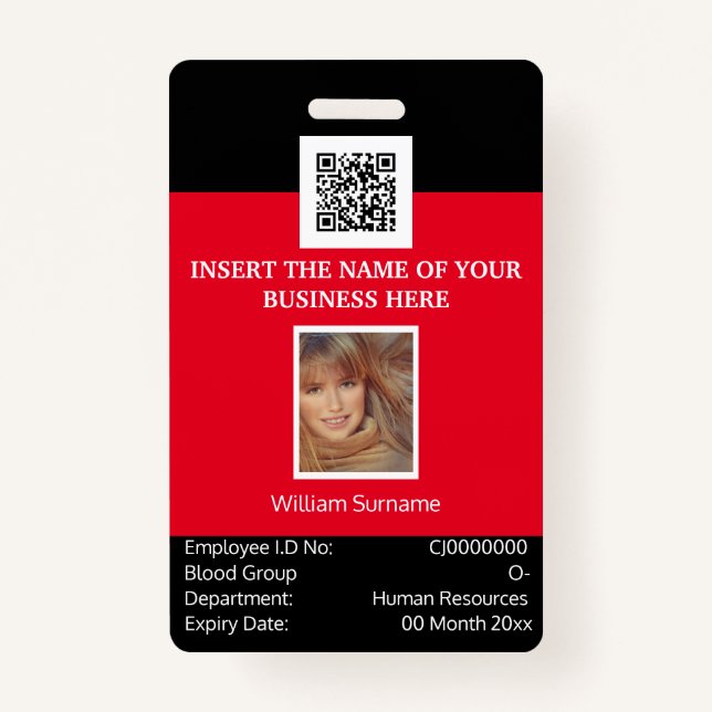 CUSTOM employee ID card vertical dual sided red Badge (Front)