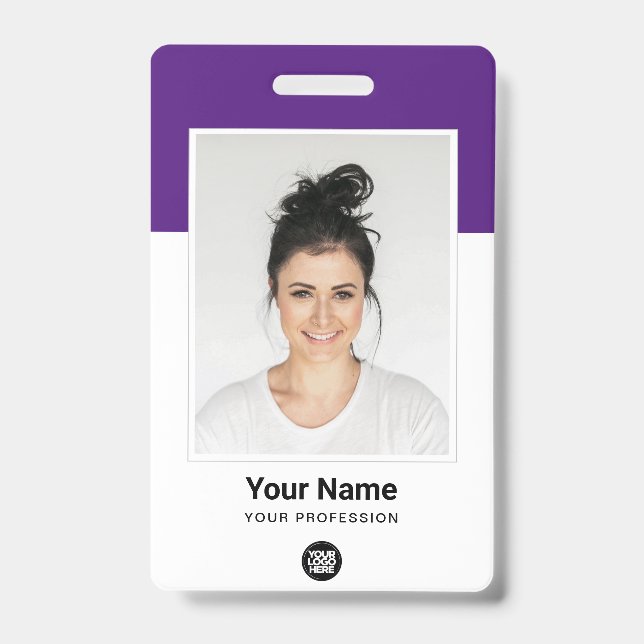 Custom Employee Large Photo Purple Logo Name Badge (Front)