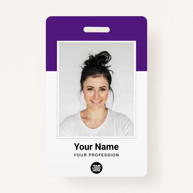 Custom Employee Large Photo Purple Logo Name Badge (Front)