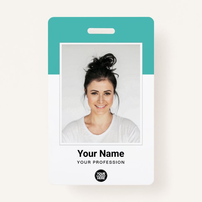 Custom Employee Large Photo Turquoise Logo Name Badge (Front)