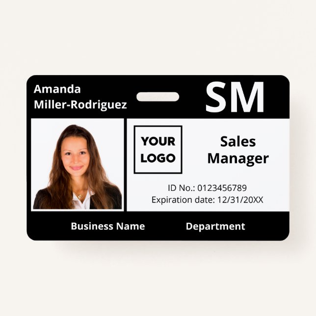Custom Employee Logo Black White Photo ID Badge (Front)