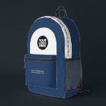 Custom Employee Logo, Text, Slogan, Website Printed Backpack<br><div class="desc">Easily personalize this professional backpack adding your company logo and a custom text. You can add business name, slogan, social media, website or any additional info, or delete it. A simple and modern design in navy blue and white featuring clear sans serif font, for a professional and edgy look, perfect...</div>