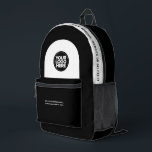 Custom Employee Logo, Text, Slogan, Website Printed Backpack<br><div class="desc">Easily personalize this professional backpack adding your company logo and a custom text. You can add business name, slogan, social media, website or any additional info, or delete it. A simple and modern design in black and white featuring clear sans serif font, for a professional and edgy look, perfect as...</div>