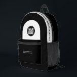 Custom Employee Logo, Text, Slogan, Website Printed Backpack<br><div class="desc">Easily personalize this professional backpack adding your company logo and a custom text. You can add business name, slogan, social media, website or any additional info, or delete it. A simple and modern design in black and white featuring clear sans serif font, for a professional and edgy look, perfect as...</div>