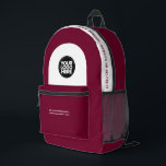 Custom Employee Logo, Text, Slogan, Website Printed Backpack<br><div class="desc">Easily personalize this professional backpack adding your company logo and a custom text. You can add business name, slogan, social media, website or any additional info, or delete it. A simple and modern design in WARM burgundy marsala cherry wine red and black featuring clear sans serif font, for a professional...</div>