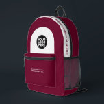 Custom Employee Logo, Text, Slogan, Website Printed Backpack<br><div class="desc">Easily personalize this professional backpack adding your company logo and a custom text. You can add business name, slogan, social media, website or any additional info, or delete it. A simple and modern design in WARM burgundy marsala cherry wine red and black featuring clear sans serif font, for a professional...</div>