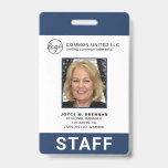 Custom Employee Navy Blue Logo Photo ID Badge<br><div class="desc">Corporate photo ID badge in a vertical layout. This simple yet professional design features a navy blue border on the top and bottom with white in the middle. The template is personalized with your logo, company name, employee name, title, department / location and employee ID. The bottom border has "STAFF"...</div>