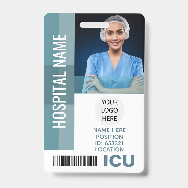 Custom Employee Photo, Bar Code, Logo ICU ID Badge (Front)