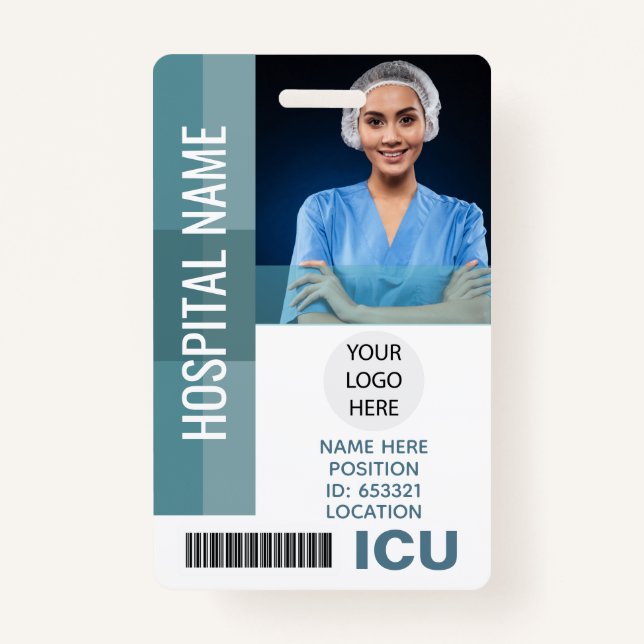 Custom Employee Photo, Bar Code, Logo ICU ID Badge (Front)