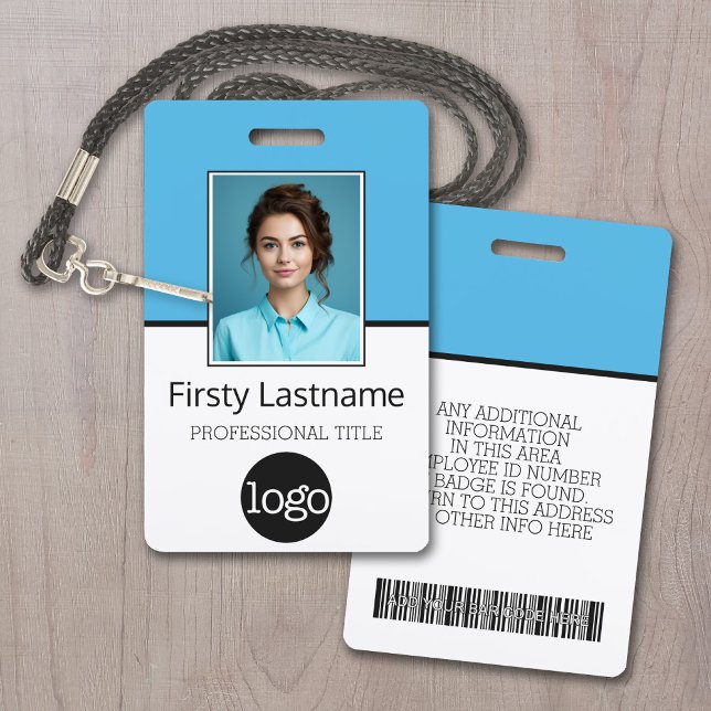 Custom Employee - Photo, Bar Code, Logo, Name Badge (Employee ID Badge with Custom Logo, Photo and Scan Bar Code - Aqua Blue Accents)