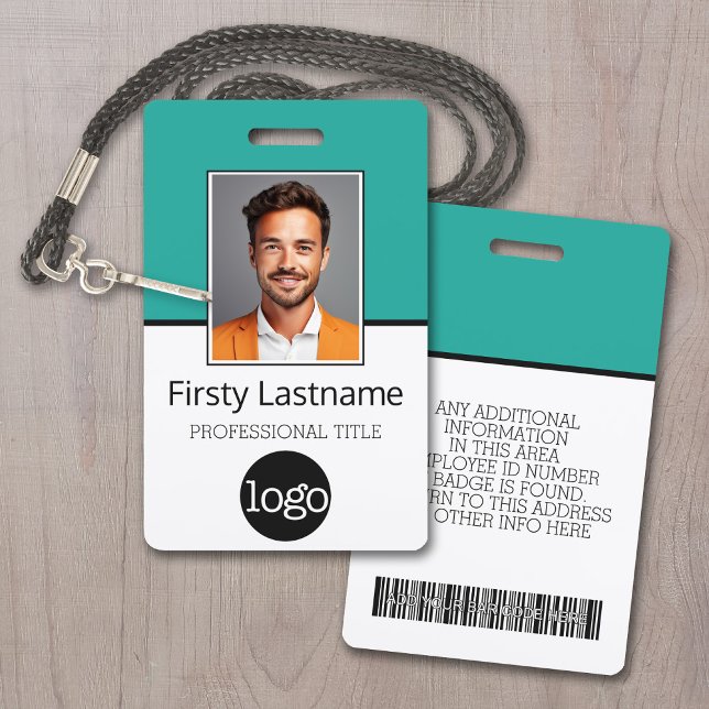 Custom Employee - Photo, Bar Code, Logo, Name Badge (Employee ID Badge with Custom Logo, Photo and Scan Bar Code - Teal Accents)