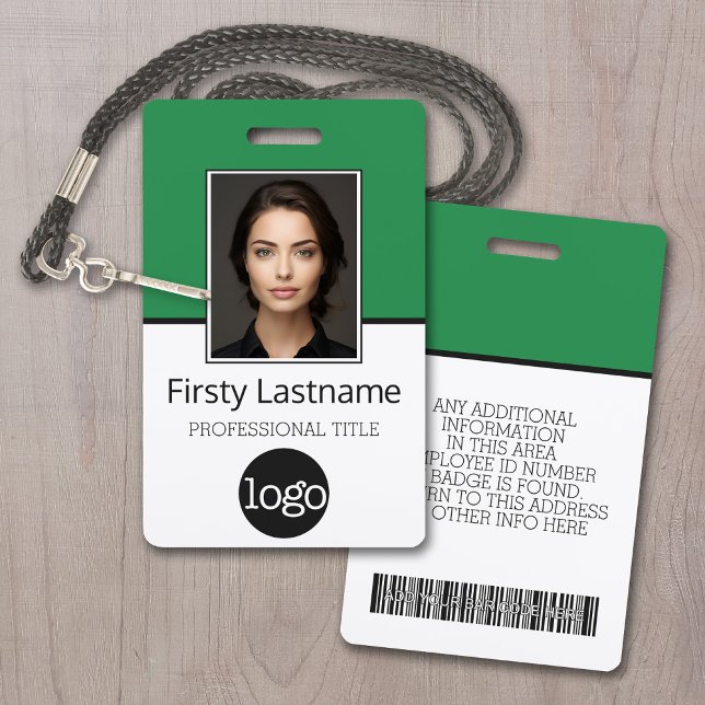 Custom Employee - Photo, Bar Code, Logo, Name Badge (Employee ID Badge with Custom Logo, Photo and Scan Bar Code - Green Accents)