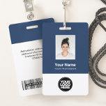 Custom Employee Photo, Bar Code, Logo, Name Badge<br><div class="desc">Easily personalize this Custom Employee Name Badge with Photo, Scan Bar Code and business logo. A simple business design in navy blue and white colours fully customizable in front and back sizes, sans-serif basic and modern fonts and a professional and clear look. Avaiable with lanyard, metal clip or with retractable....</div>