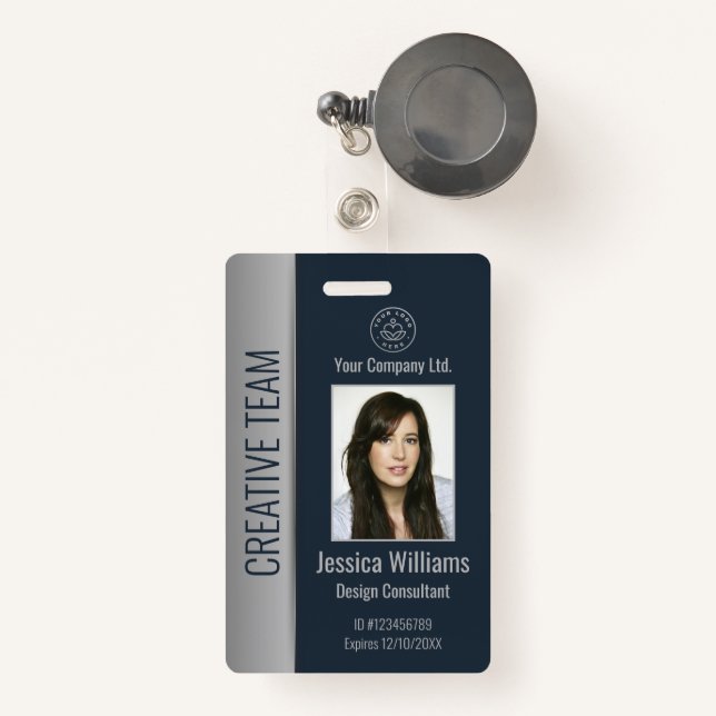 Custom Employee Photo Bar Code Logo Name Blue Badge (Front with Retractable)