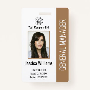 Custom Employee Photo, Bar Code, Logo, Name Brown Badge