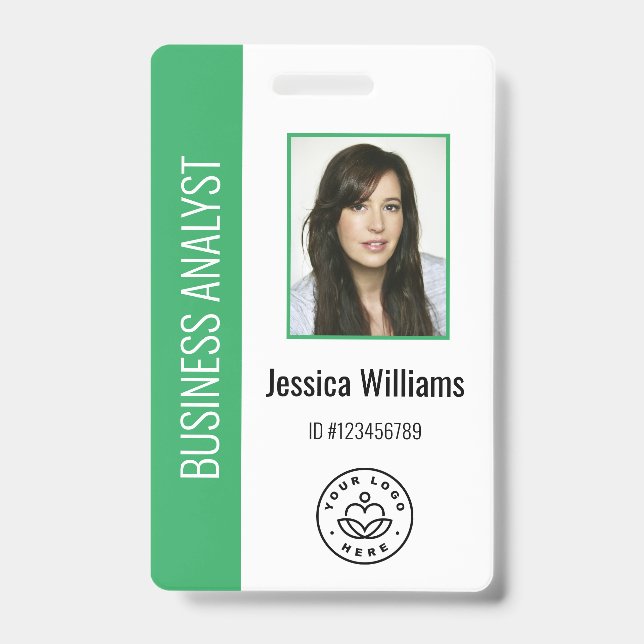 Custom Employee Photo, Bar Code, Logo, Name Green Badge (Front)