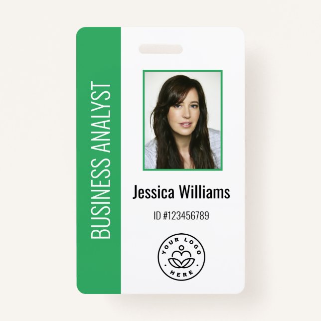 Custom Employee Photo, Bar Code, Logo, Name Green Badge (Front)