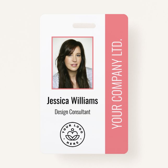 Custom Employee Photo, Bar Code, Logo, Name Pink Badge (Front)