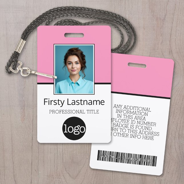 Custom Employee - Photo, Bar Code, Logo, Name Pink Badge (Custom Employee ID Badge with Photo, Logo and Scan Code)