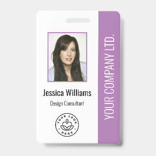 Custom Employee Photo, Bar Code, Logo, Name Purple Badge