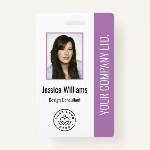 Custom Employee Photo, Bar Code, Logo, Name Purple Badge