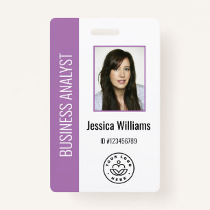 Custom Employee Photo, Bar Code, Logo, Name Purple Badge