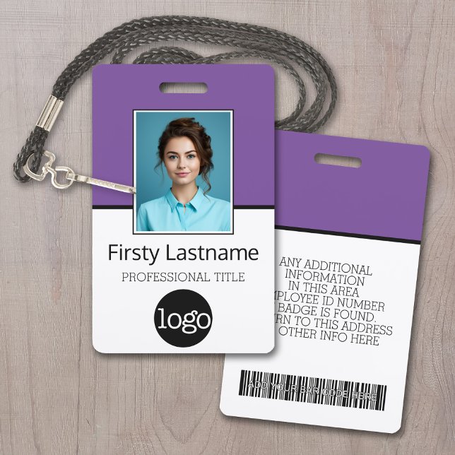 Custom Employee - Photo, Bar Code Logo Name purple Badge (Employee ID Badge with Custom Logo, Photo and Scan Bar Code - Purple Accents)